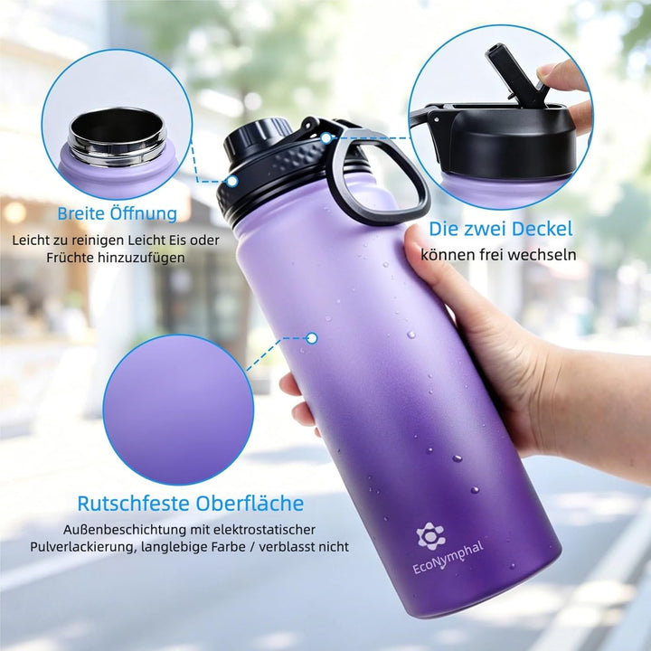 Edelstahl trinkflasche 1.2L - Isolierflasche mit Strohhalm &amp; 2 Deckeln - 100% Auslaufsicher - Reinig