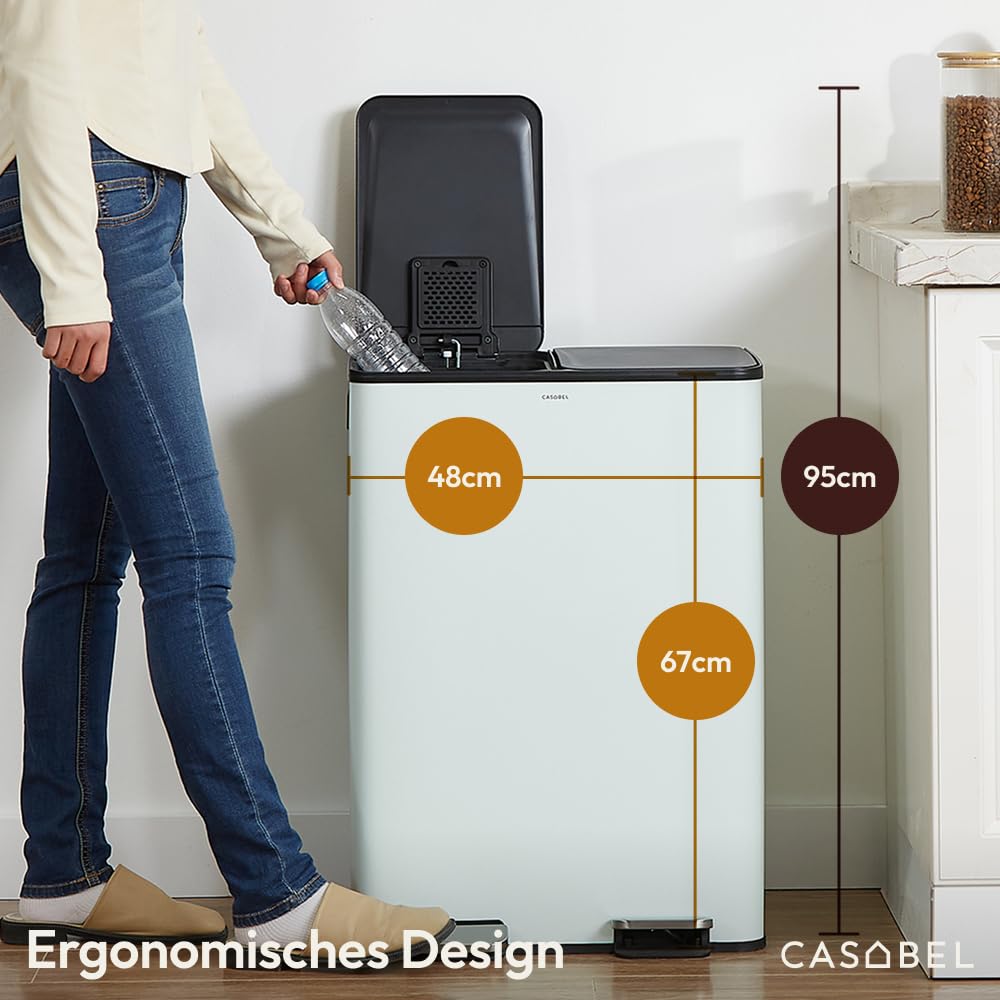 CASABEL Mülleimer Küche Mülltrennung 60L – 2x30L Doppelkammer mit Pedal, Edelstahl Mintgrün, Abfalle