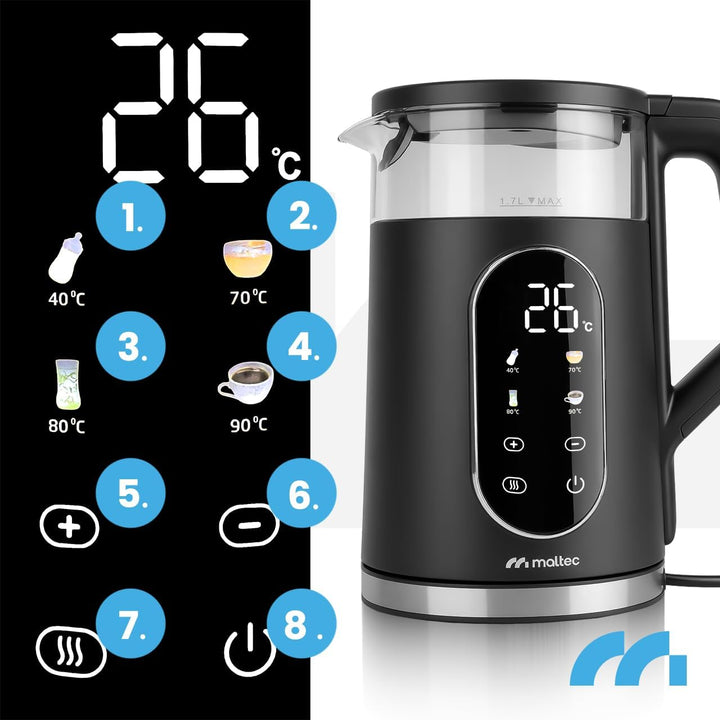 MalTec Wasserkocher Glas 1,7L 2200W mit Temperaturwahl Keep Warm LED