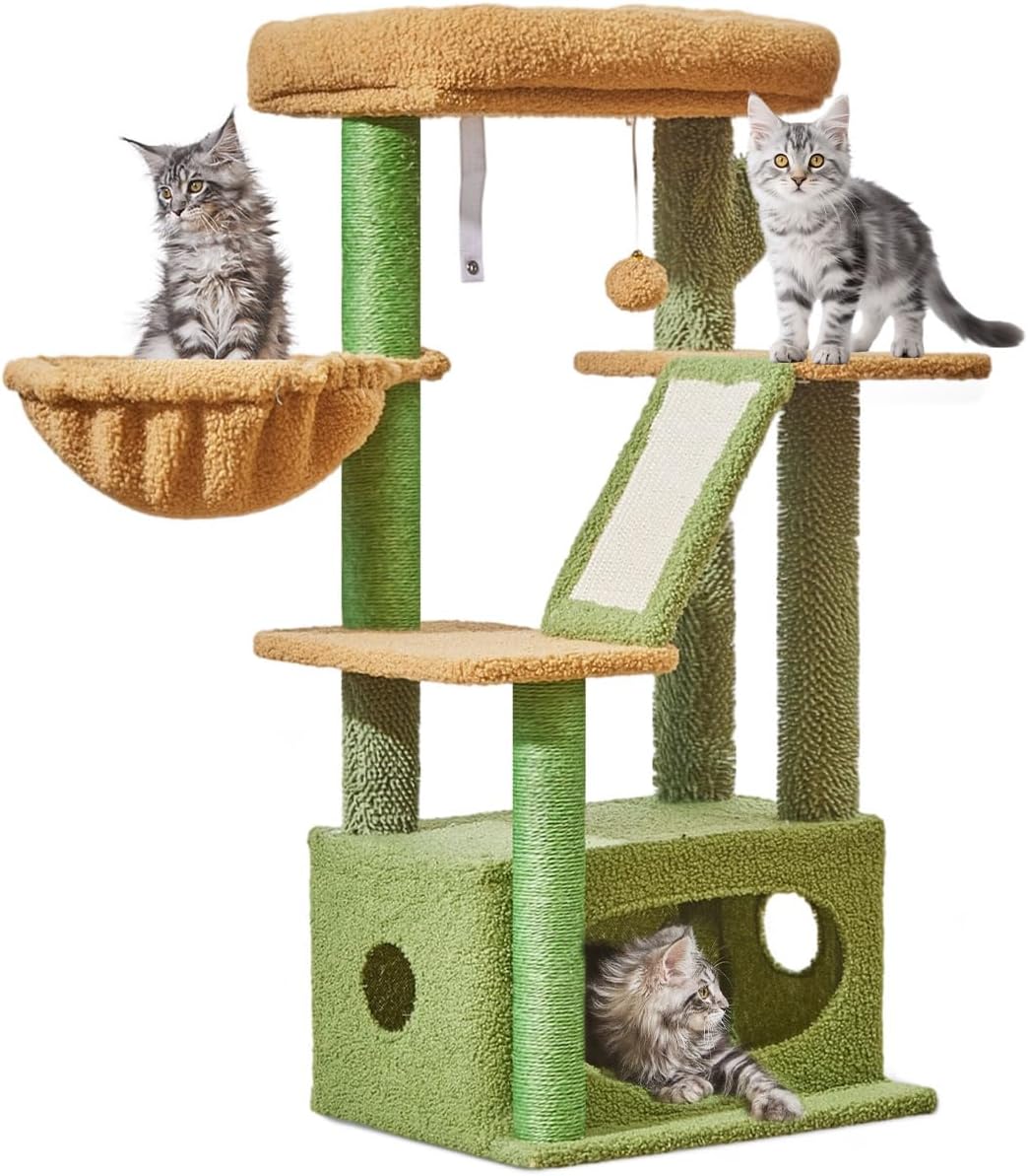 Taoqimiao Kratzbaum Klein, 98cm katzenbaum Stabil KatzenKratzbaum Cat Tree mit Katzenhaus, Korb, 4 K