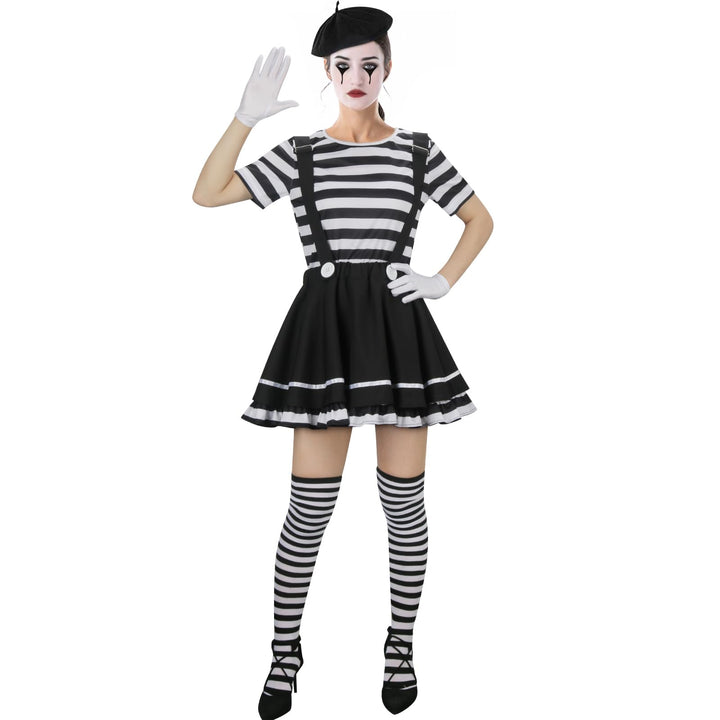 NUWIND Damen Pantomime Kostüm Französisch Klassisch Mime Spiel Set, schwarz-weiss gestreiftes Oberte