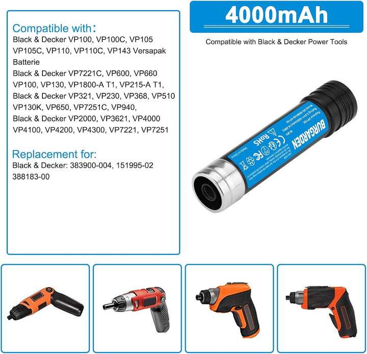 3.6V 4000mAh NI-MH Akku für Black &amp; Decker Versapak VP100 VP130 VP100C 1x 4 Ah Akku, 1x 4 Ah Akku
