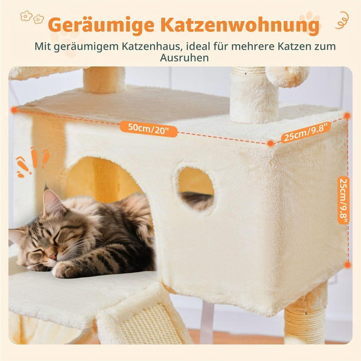 Taoqimiao 146CM Kratzbaum Gross, Katzenbaum Katzen Kratzbaum Grosse Katzen Stabil mit 2 Katzenhaus,