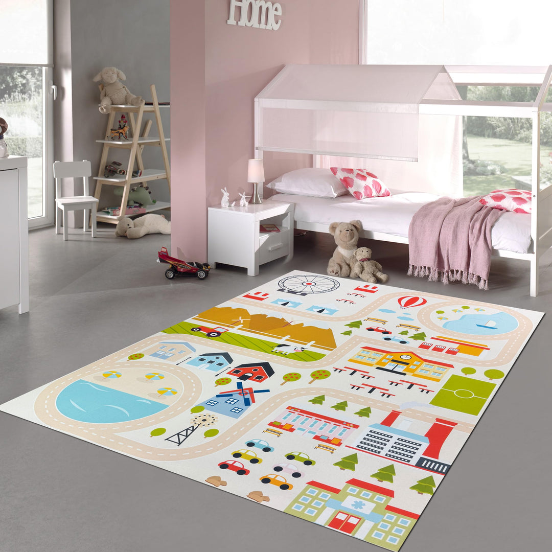 Teppich-Traum Kinderteppich Stadtmotiv Strassen Häuser Beige Ø 200 cm 200 cm (Rund) Beige-1, 200 cm