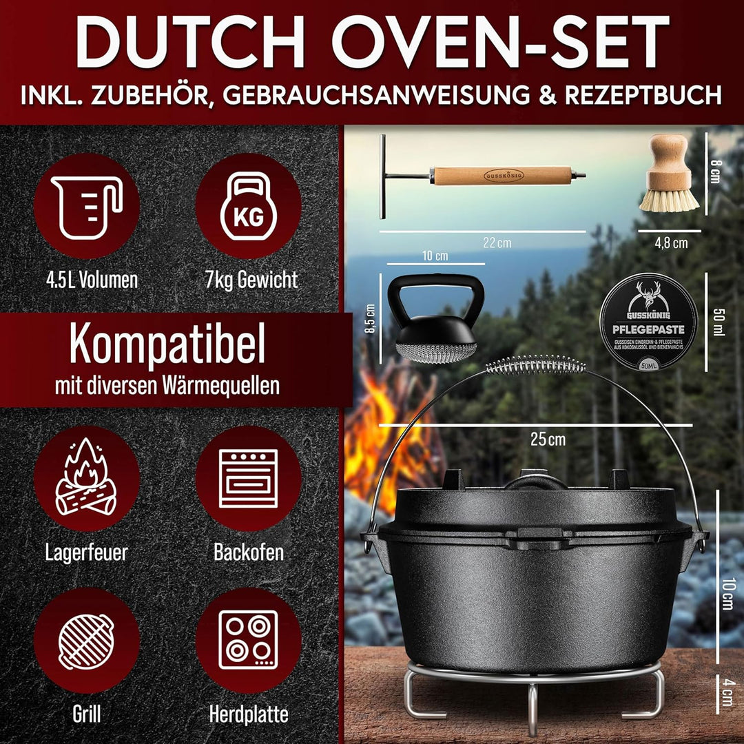 Dutch Oven Set–Eingebrannter Dutch Oven 4,5L–Feuertopf Gusseisen ohne Füss–Schmortopf Doppelfunktion