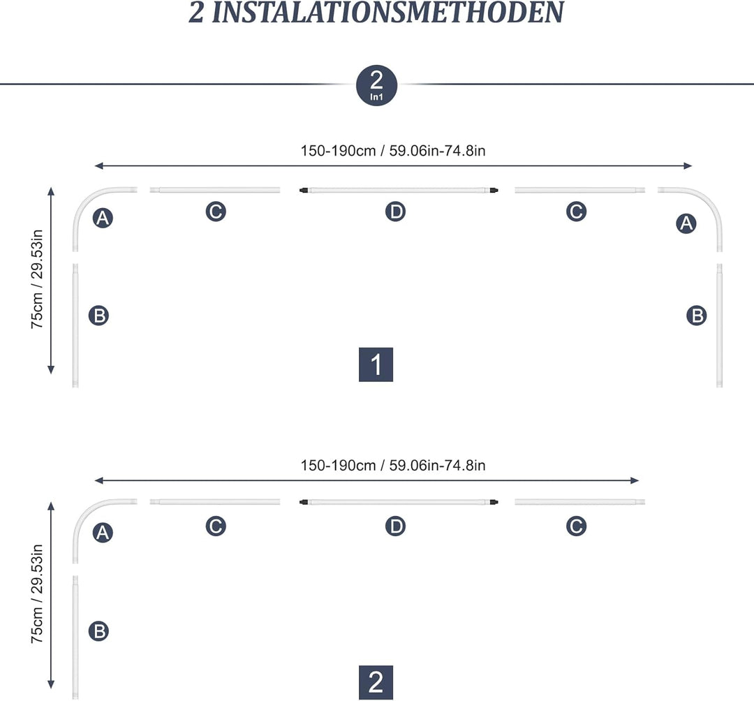 Misounda Duschvorhangstange U/L Form 75×(150-190)×75 cm - Duschstange für Duschvorhang Badewanne Eck