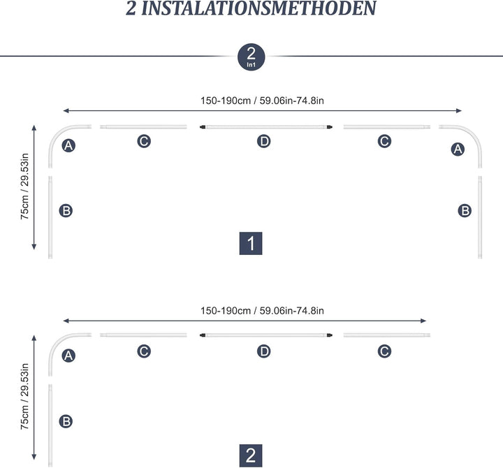 Misounda Duschvorhangstange U/L Form 75×(150-190)×75 cm - Duschstange für Duschvorhang Badewanne Eck