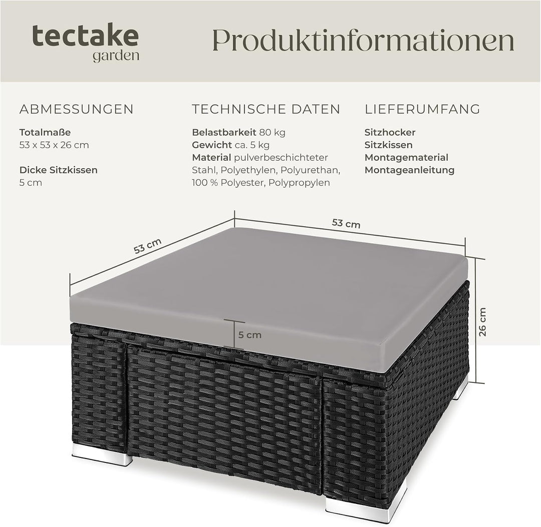 tectake® witterungsbeständiger Outdoor Rattan Hocker mit abnehmbarem Kissen, Lounge Hocker, Balkon M