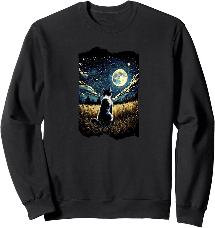 Katze, sitzend auf einem Feld, Vollmond, Van Gogh Stil Sweatshirt