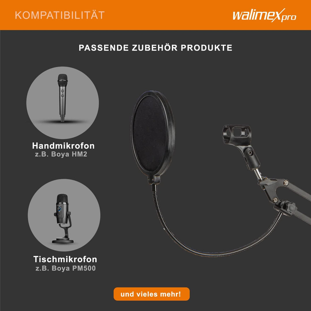 Walimex pro Mikrofon Arm mit 3/8" bis 5/8" Adapter, einstellbare Mikrofon Halterung mit Pop Schutz,