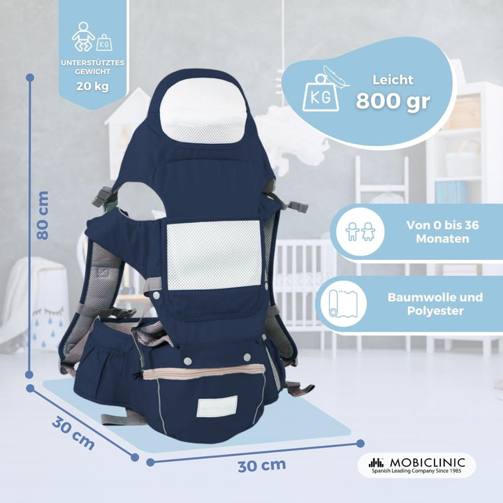 Mobiclinic® kids, Babytrage, 6 in 1, Moley, Mehrpositionale, Faltbar, Reissverschlusstasche, Flasche