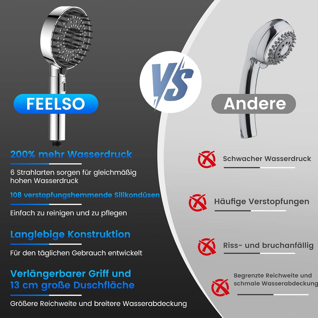 FEELSO Duschkopf mit 1,8 m Schlauch, grosse Duschfläche, 9 cm verlängerbar Silber, Silber
