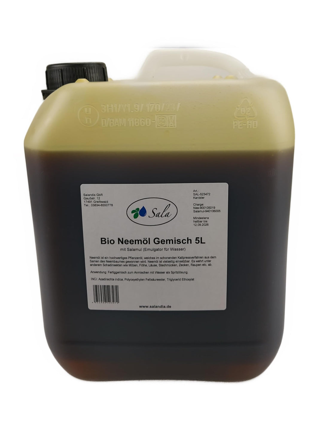 Sala BIO-Neemöl kaltgepresst mit Salamul (ersetzt Rimulgan) Emulgator 5 L Kanister 5 l (1er Pack), 5