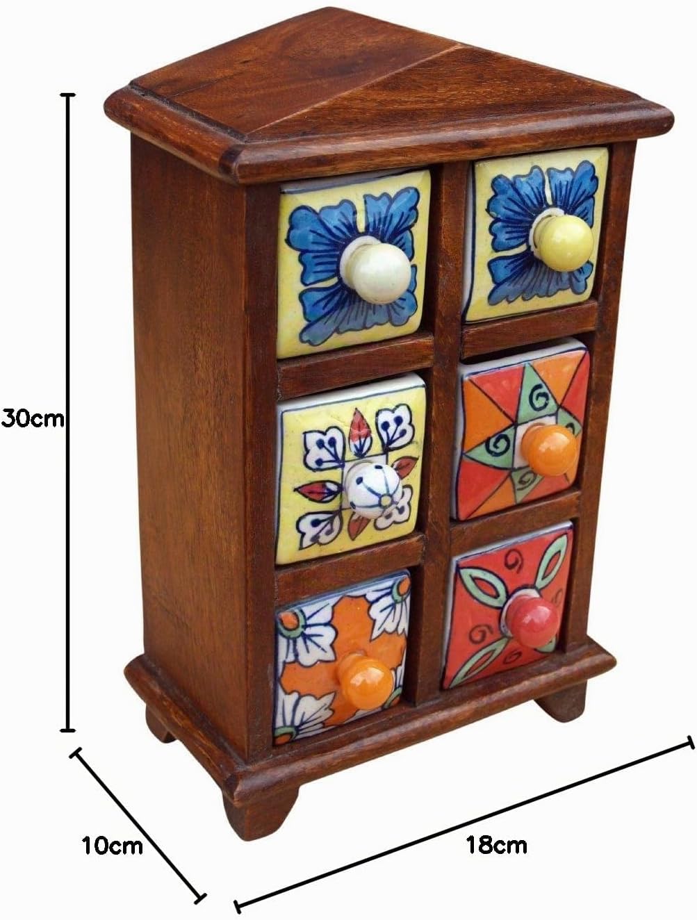 GURU SHOP Apothekerschränkchen mit Bunten Keramik Schubfächern - 2x3 Fächer Modell 2, Braun, 30x18x1