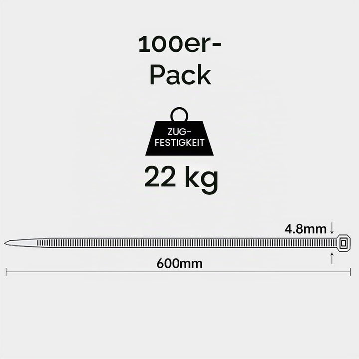 100 Stück 600mm × 4,8mm Weiss Kabelbinder mit 22 kg Zugfestigkeit UV-Beständig Lang Nylon Kunststoff