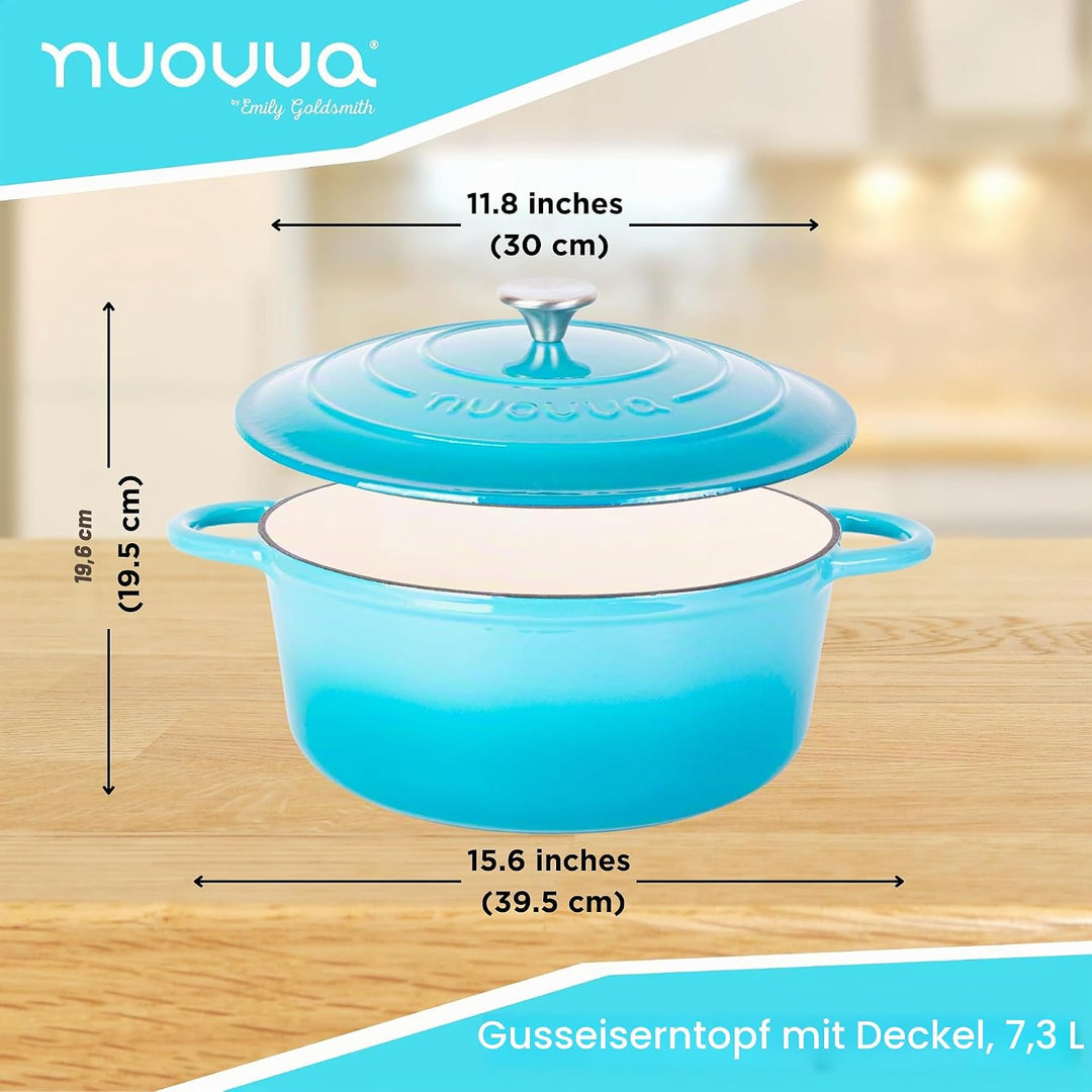 Gusseisen Dutch Oven mit Deckel – Emaille-Schmortopf mit Antihaft, Ofenfest – Blau, 6.9 Liter, 30 cm