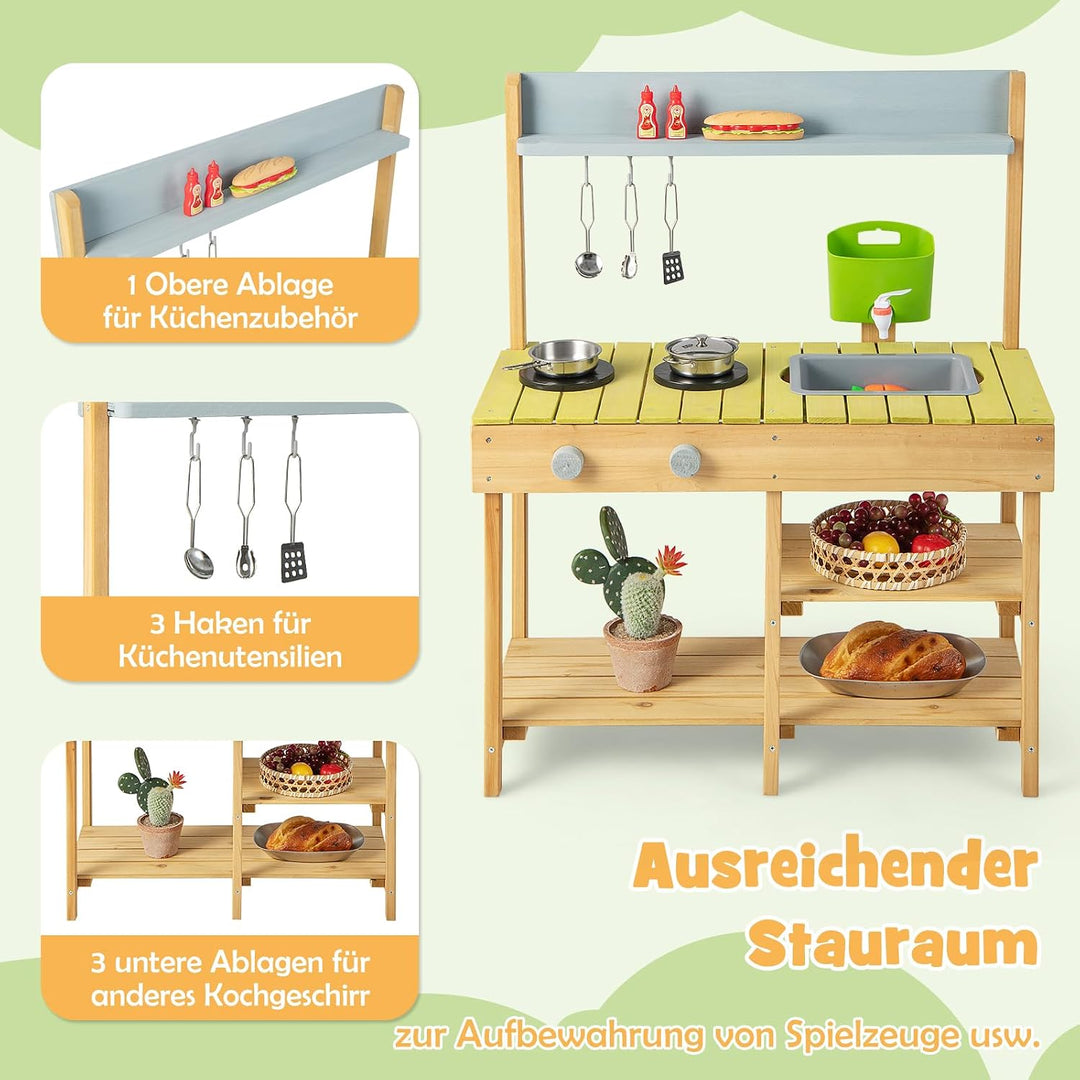 DREAMADE Matschküche Kinder Outdoor, Kinderküche mit Wassertank, Wasserhahn, Herd &amp; abnehmbarem Rega