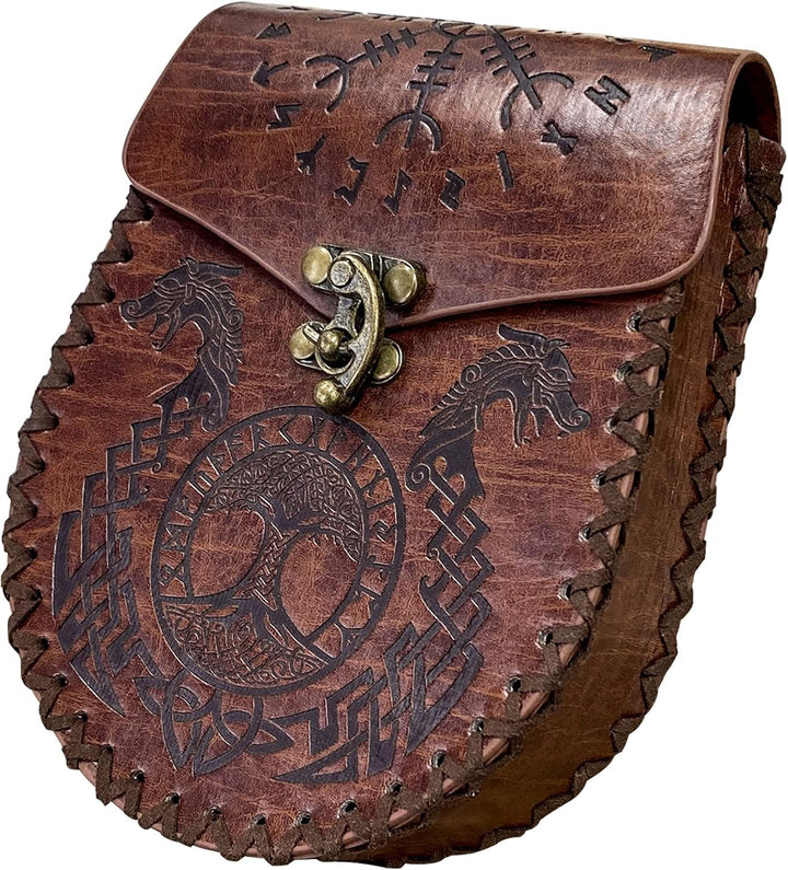 Mittelalterliche Gürteltasche, Braune Nordische Geprägte Gürteltasche, Drache Fenrir Wolf Ledergürte