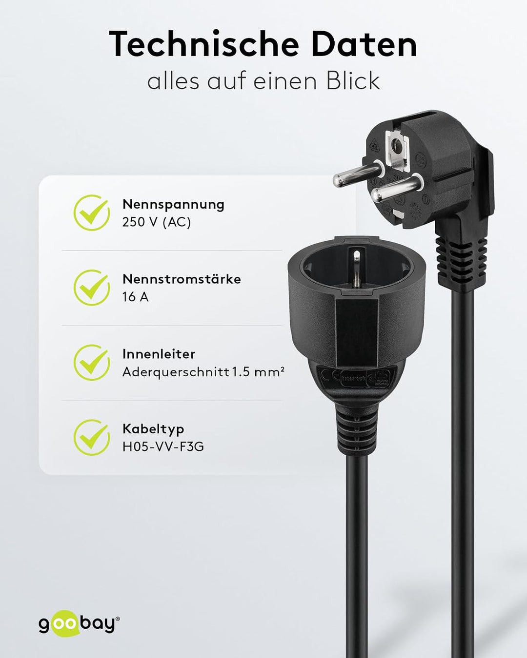 Goobay 93095 Gewinkeltes Strom Verlängerungskabel / Schutzkontakt Stecker 250V Schutzkontakt 10 Mete