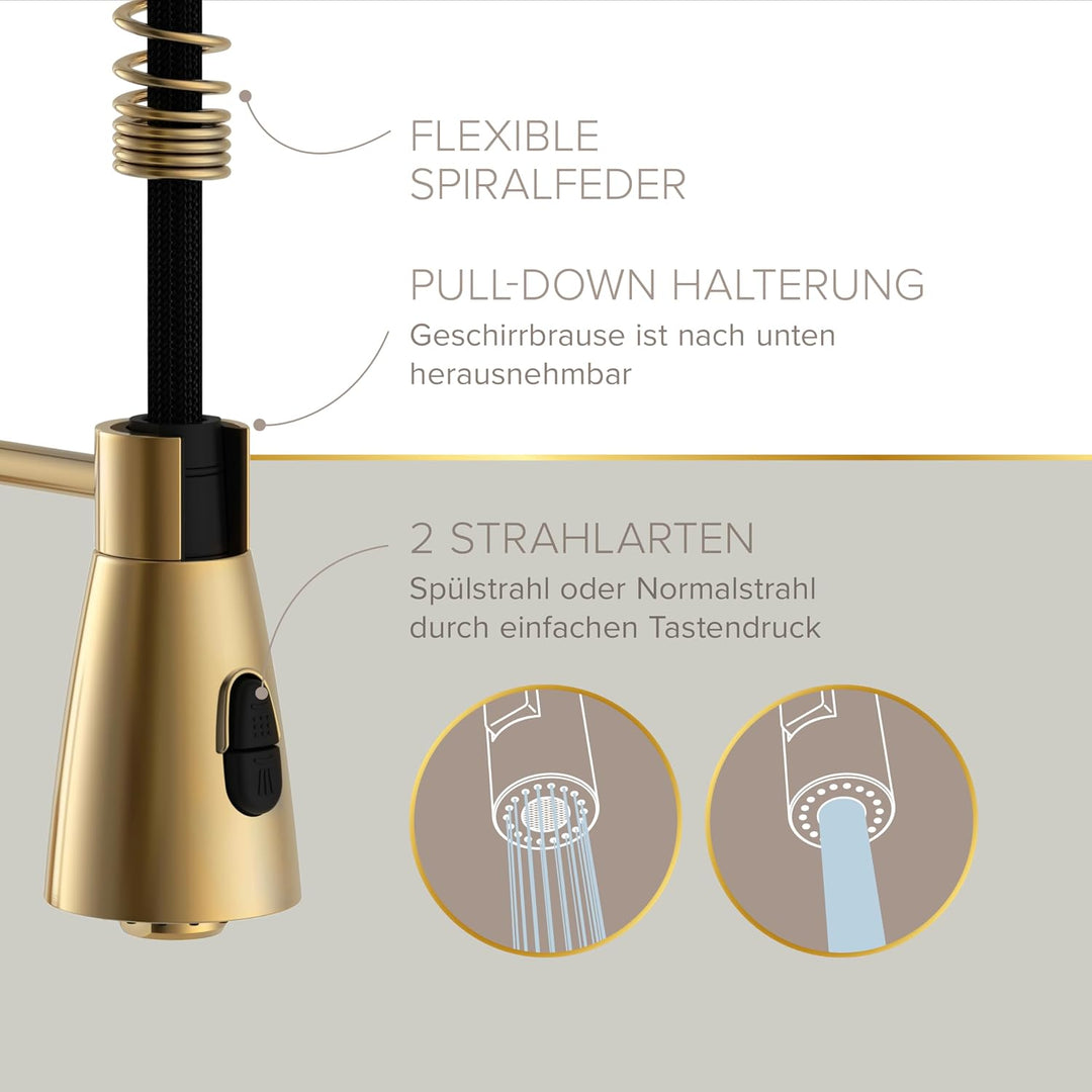 Lenz Küchenarmatur KALANI² in Gold-Optik – Pendelbrause mit 2 Strahlarten &amp; 360° schwenkbarer Bogena