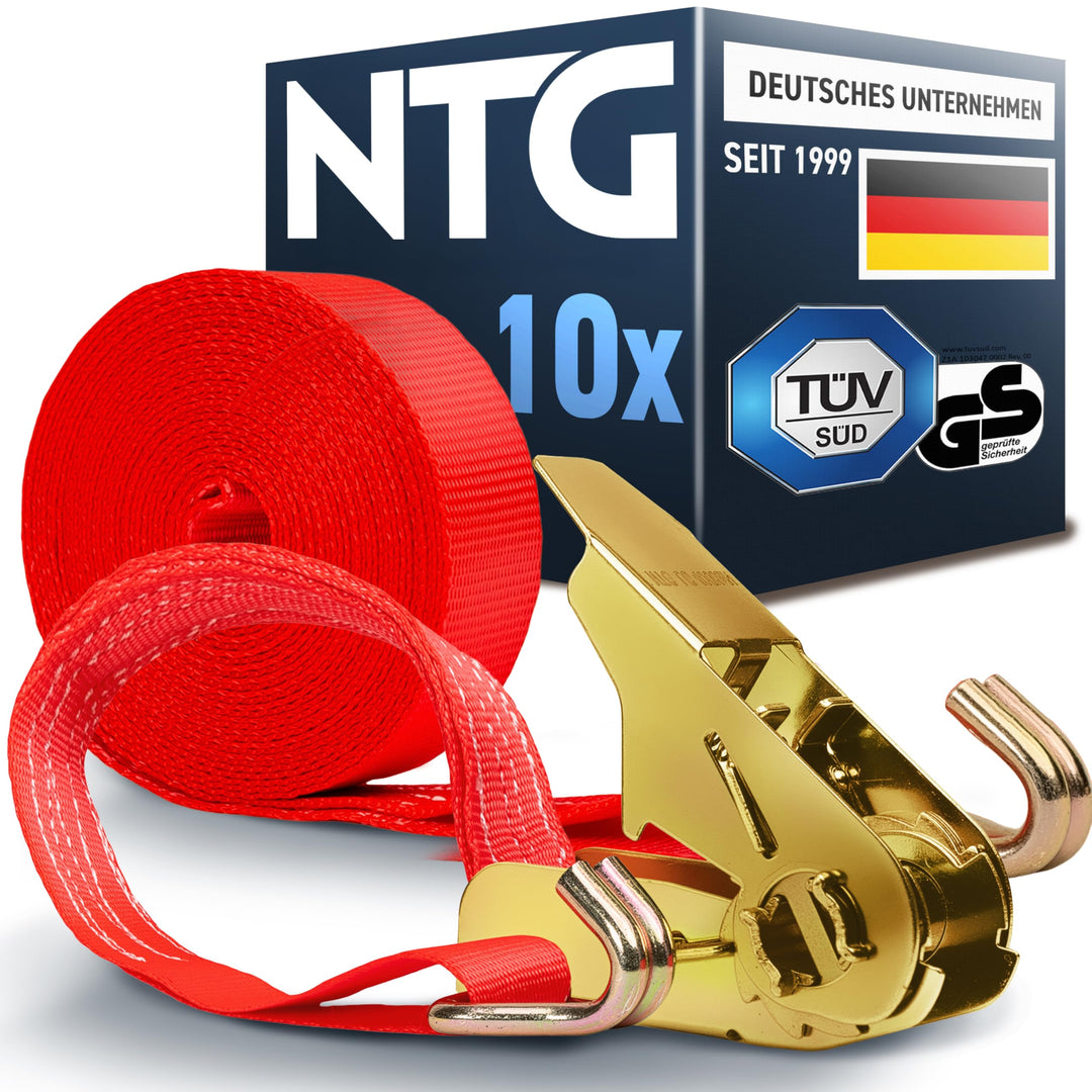 Spanngurte mit Ratsche (10 Stück) TÜV/GS geprüft | 800 kg 6m | zweiteilig mit Haken | Ratschengurt |