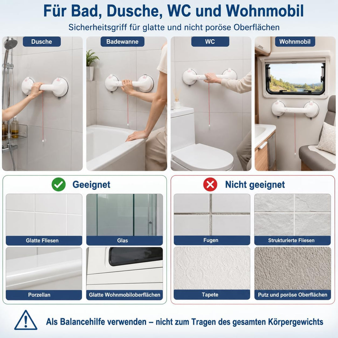 Magicbox Haltegriff Dusche ohne Bohren mit akustischem Alarm, 36,5 cm Haltegriff mit Saugnapf und na