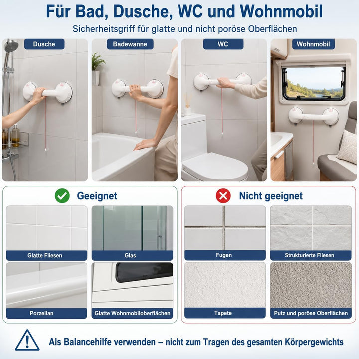 Magicbox Haltegriff Dusche ohne Bohren mit akustischem Alarm, 36,5 cm Haltegriff mit Saugnapf und na