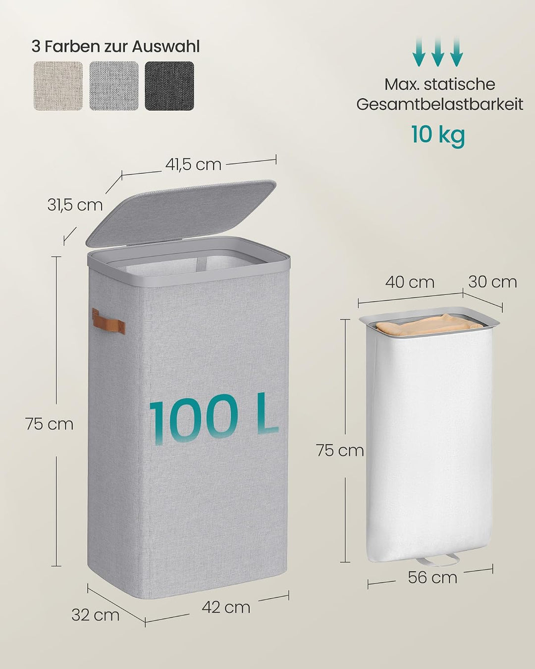 SONGMICS Wäschekorb, 100 L Wäschesammler, Wäschetonne, leichter Aufbau, mit Deckel und Griffen, hera