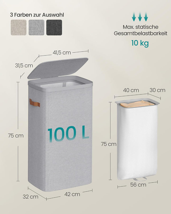 SONGMICS Wäschekorb, 100 L Wäschesammler, Wäschetonne, leichter Aufbau, mit Deckel und Griffen, hera