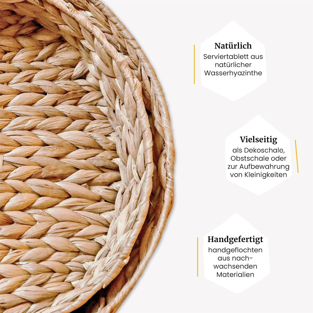 FRIHET® rundes Serviertablett | geflochtene Wasserhyazinthe | Deko Tablett in Boho-Chic | Tablett in