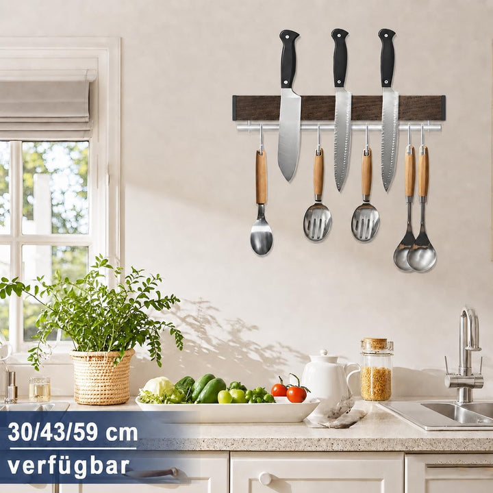 Dmore Magnetleiste Messer mit 5 Haken, 30 cm Messerhalter magnetisch aus Edelstahl, Walnuss-Optik Ma