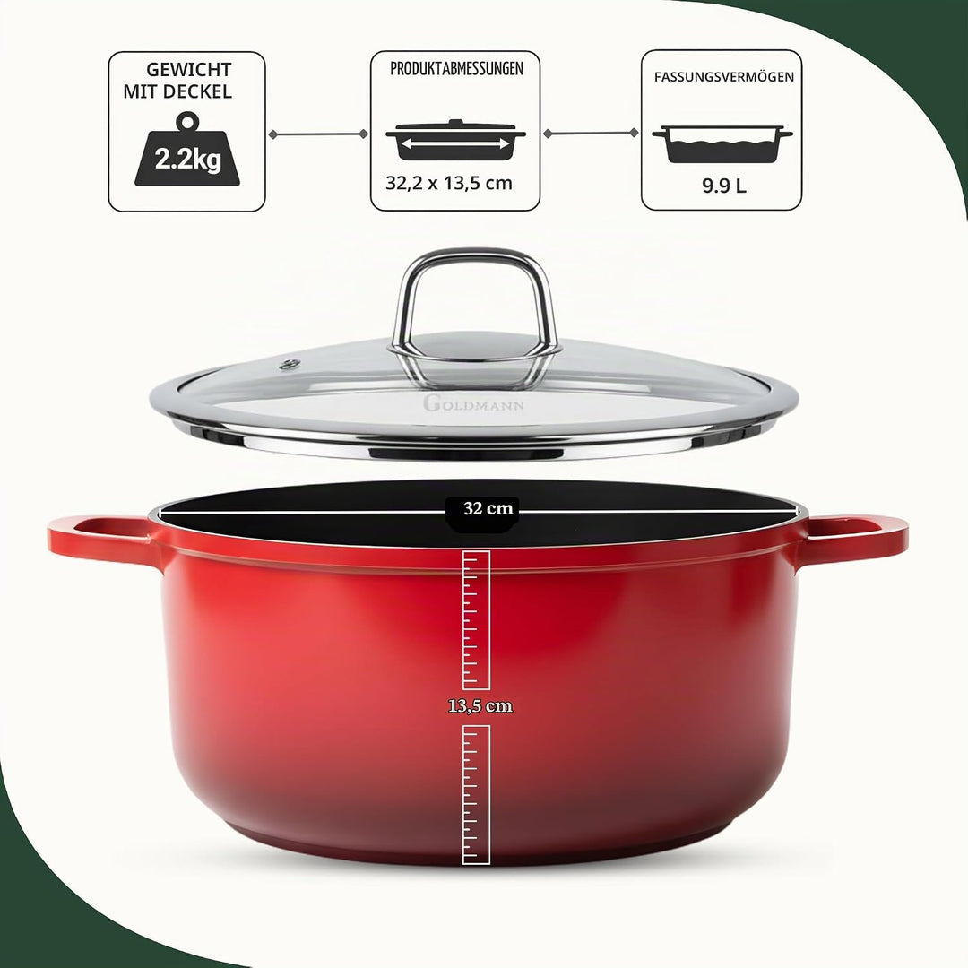 GOLDMANN Kochtopf 32 cm, 10 L, Antihaft, Induktion &amp; Deckel Rot 9.9 Liter, Rot 9.9 Liter