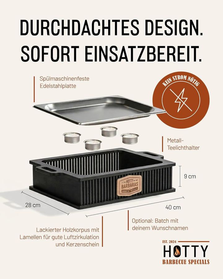 HOTTY Legacy Warmhalteplatte fürs Grillen – BBQ-Design Speisenwärmer mit personalisierbarem Batch –
