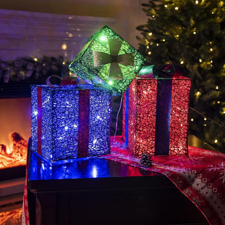 DELICHTER LED Weihnachtsdeko, 3× Rot/Grün/Blau Geschenkbox mit Schleifen Weihnachtsbeleuchtung für I