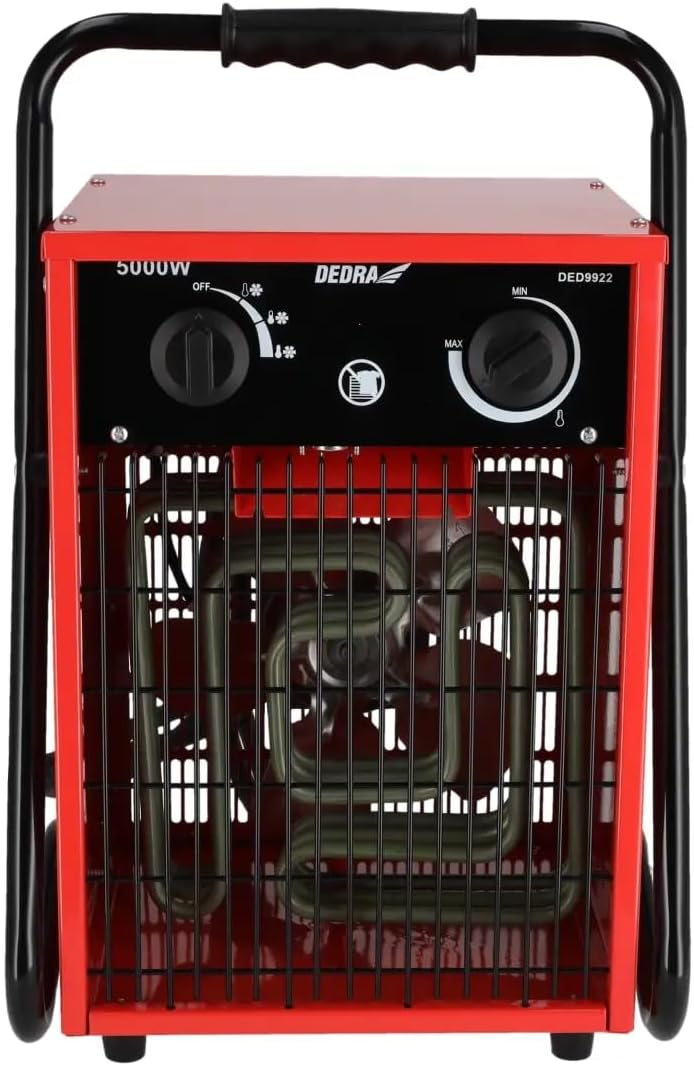 DEDRA Elektrischer Heizlüfter 5 kW, 400 V, quadratisch, rot, für gut isolierte Räume, Thermostat, Üb