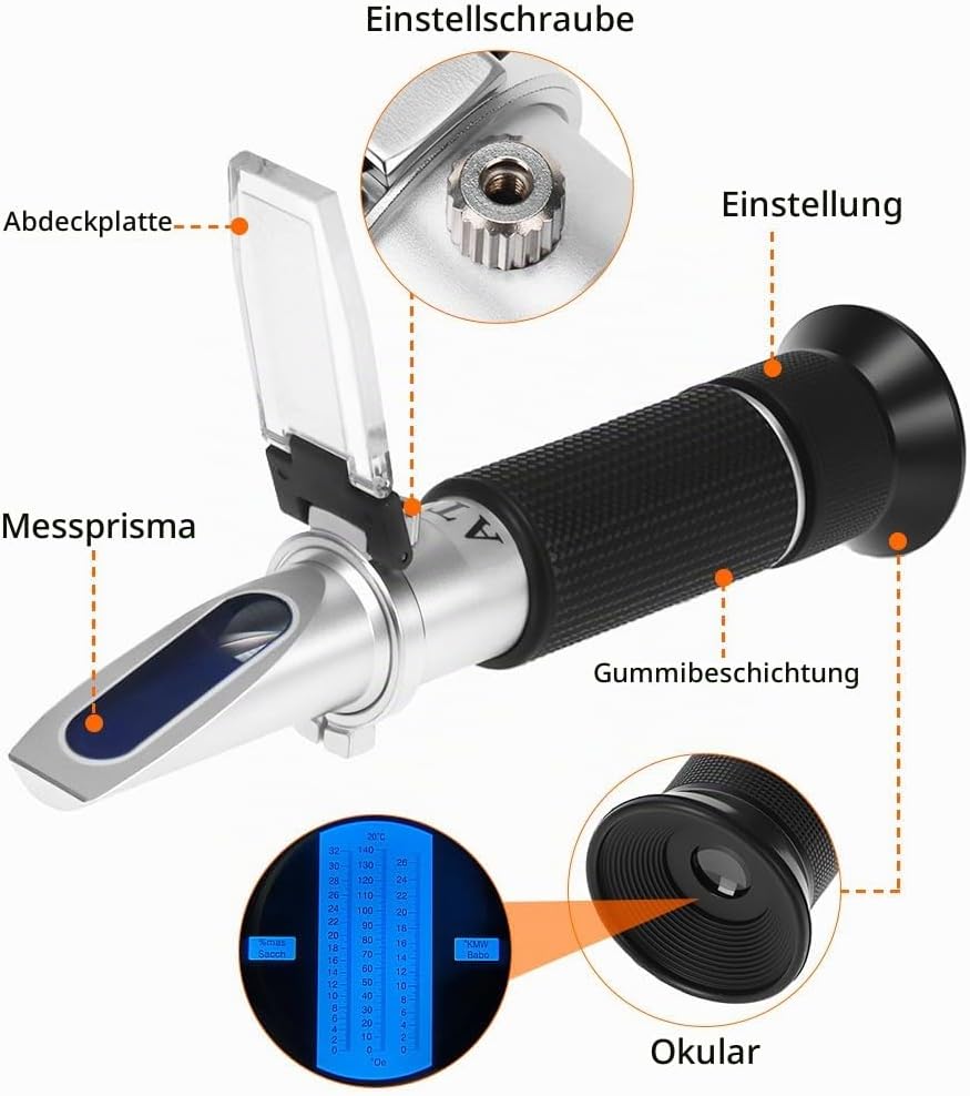 QWORK® Refraktometer 0-140 °Oechsle, 0-32% Brix &amp; 0-25°KMW/BABO – Professionelles Zuckermessgerät mi