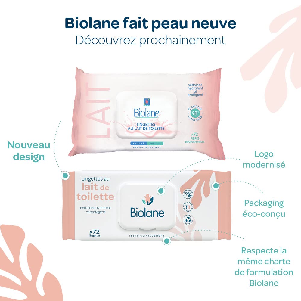 Biolane Set mit 72 Tüchern mit Milch, 12er Pack Packung mit Toilettenmilchtüchern, Packung mit Toile