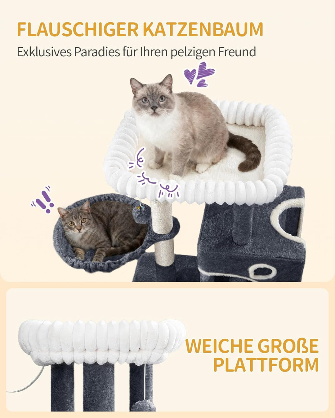 Hzuaneri Kratzbaum, 98 cm Kleiner Katzenbaum, Geräumiges und Stabile, mit Weiche Grosse Plattform, P