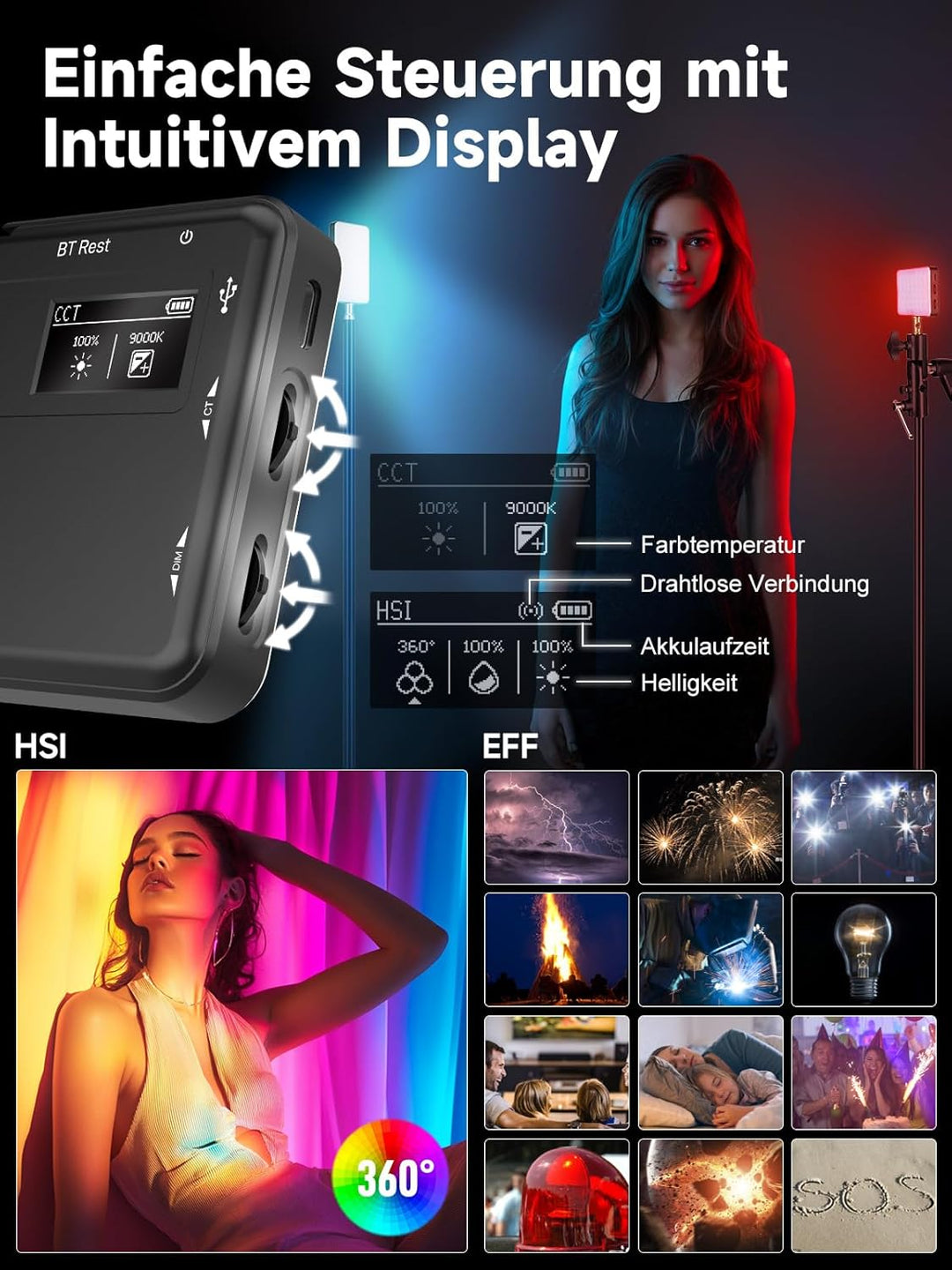 Rollei Lumis Compact RGB, kleine RGB Dauerlicht mit 360 Farben und tollen Lichteffekten, kompackte L