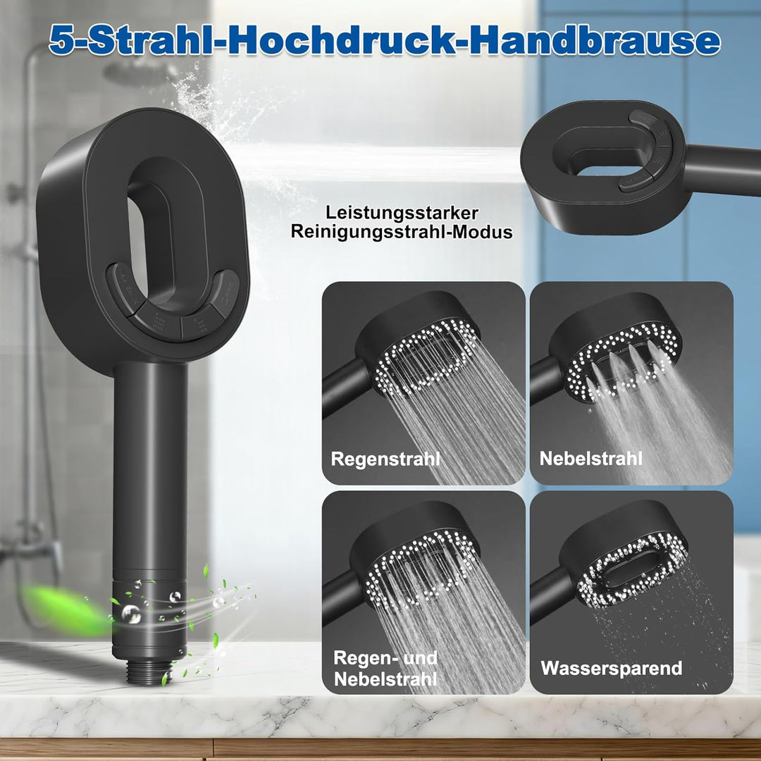 Hibbent Filter Duschkopf mit Schlauch 1,5m, 5 Strahlarten, Schwarz Schwarz Duschkopf und Schlauch mi