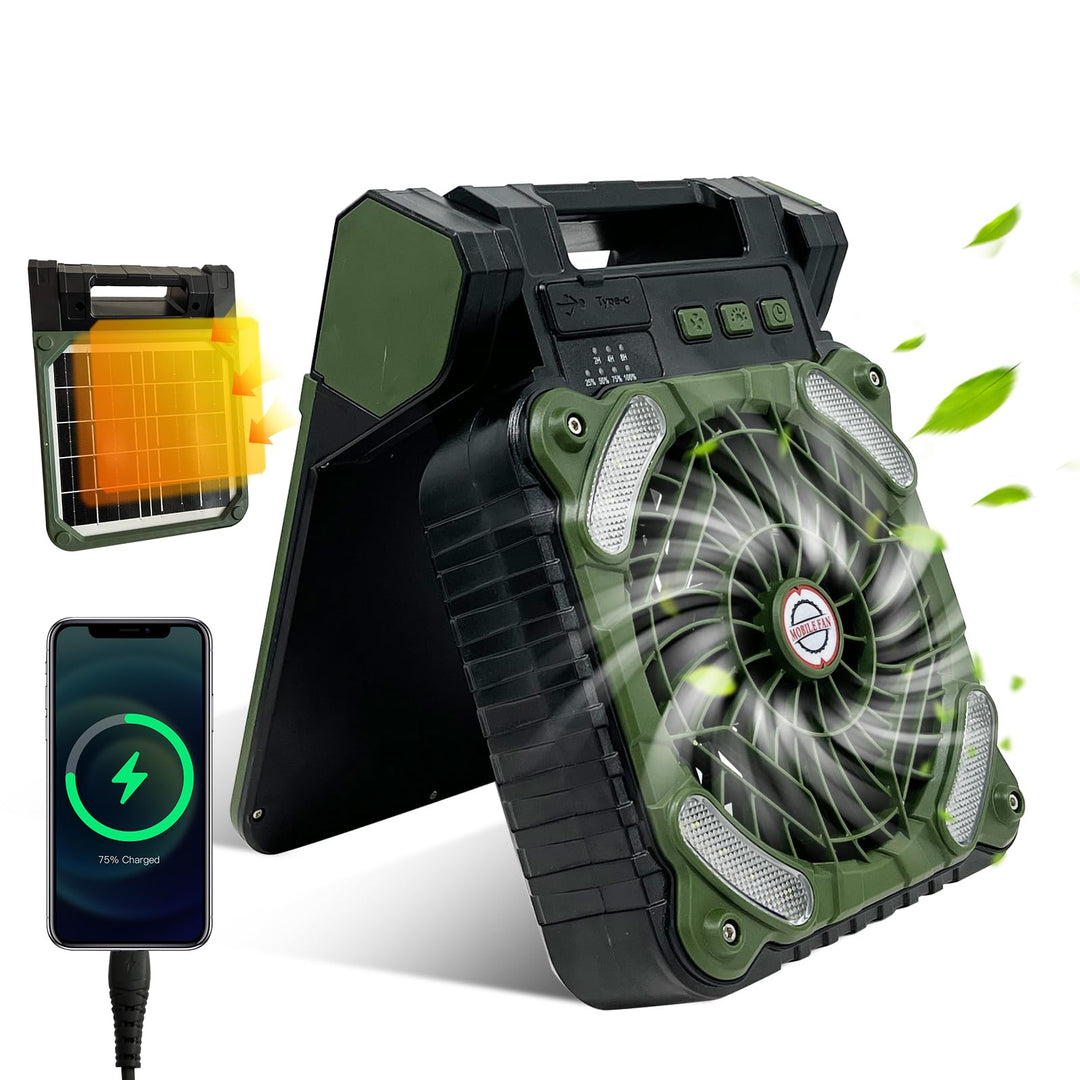 GY Solar Camping Ventilator mit LED-Licht &amp; 10400mAh Akku – 4 in 1 Tragbarer Tischventilator, 4 Gesc