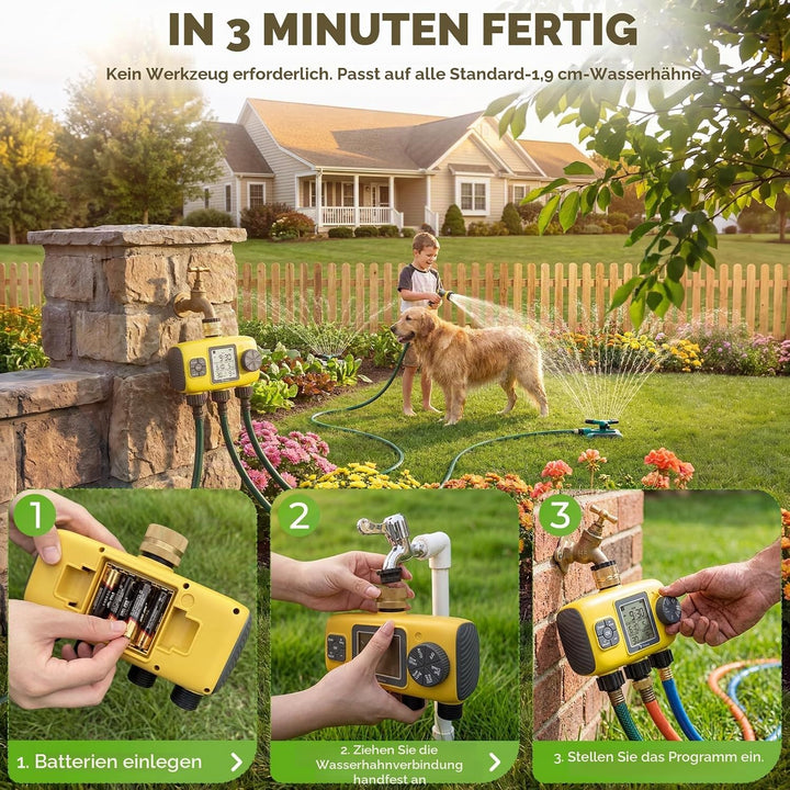 Bewässerungscomputer mit 3 Ausgängen, Automatische Bewässerung Bewässerungszeitschaltuhr für Gärten