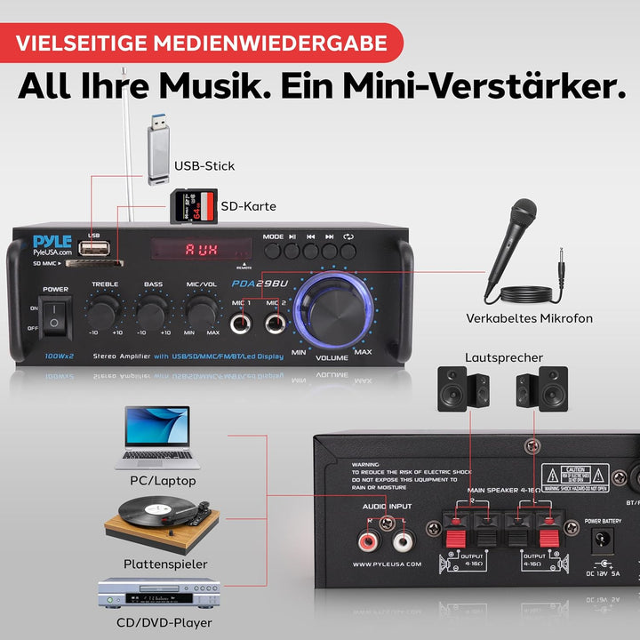Pyle Bluetooth Verstärker, 200W – 2 Kanal Amplifier mit USB/SD/FM, Mikrofon &amp; RCA, HiFi-Verstärker m