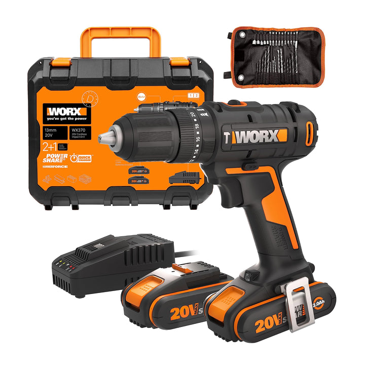 WORX 18V (20V MAX) Akku-Schlagbohrschrauber-Kit WX370, PowerShare, max. 50 N.m, (inkl. 2x2,0Ah Akkus