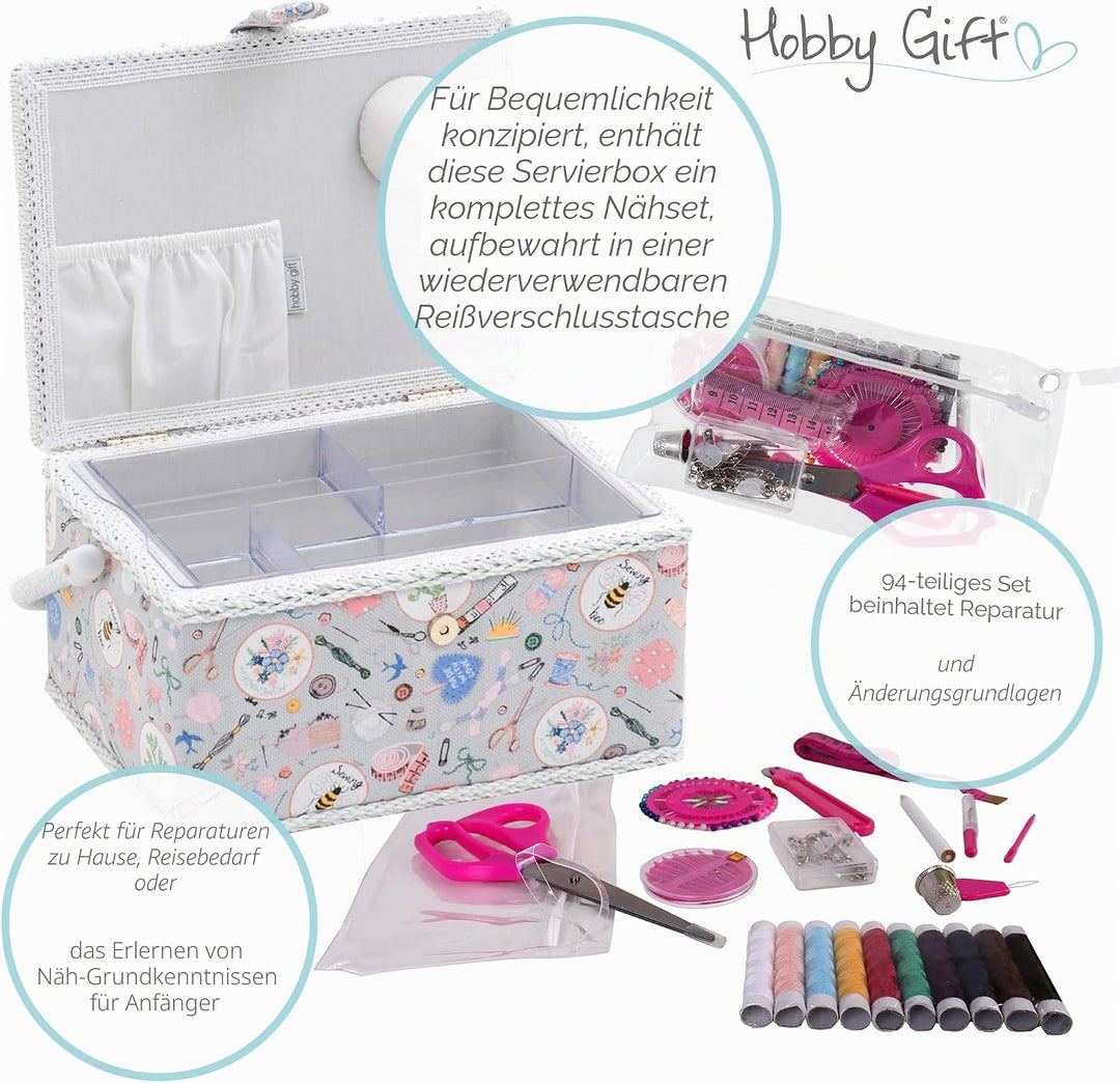 Hobby Gift Nähkästchen Mittel Set mit Griff - Nähkorb aus Baumwolle mit Fächern für Nähzubehör &amp; Wer