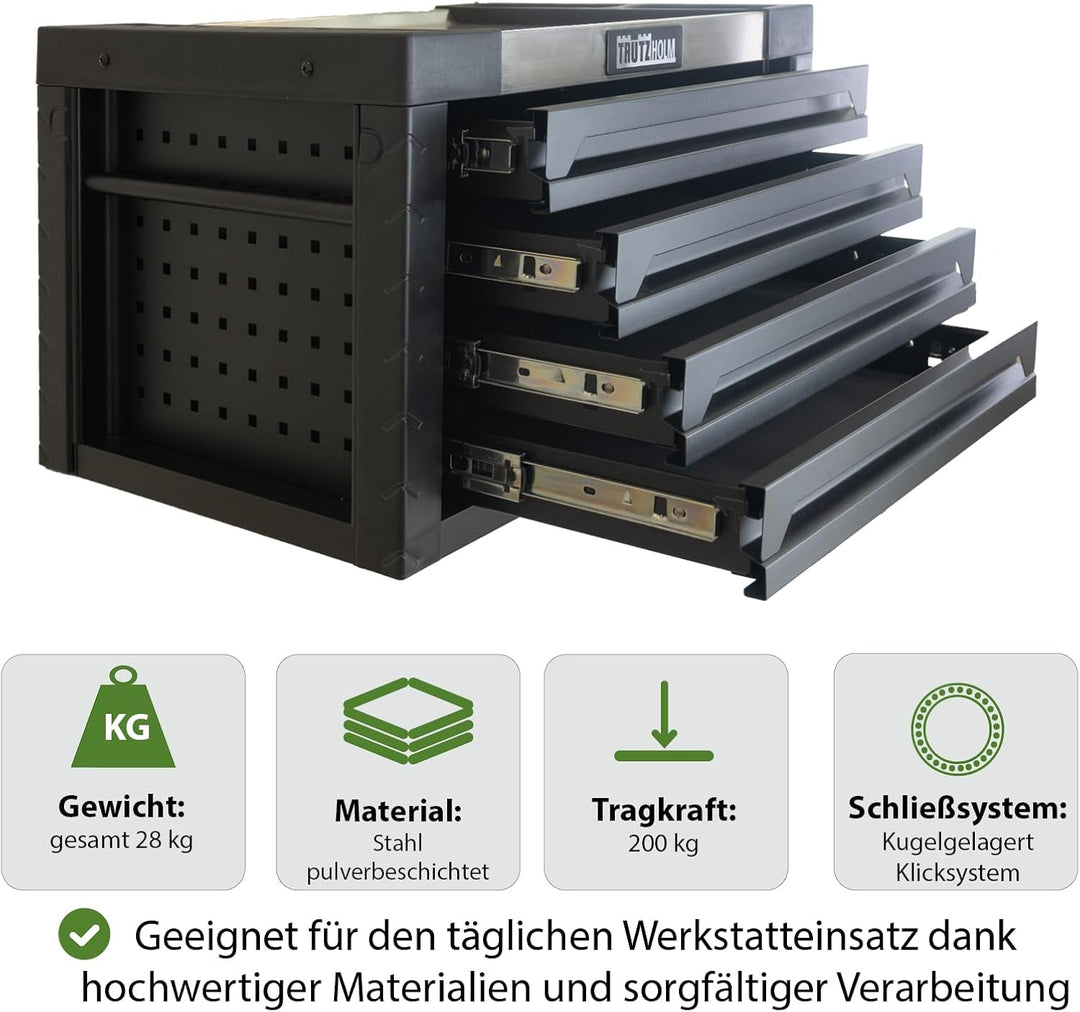 TRUTZHOLM Werkzeugkiste Werkstattwagen Aufsatz Box Koffer Werkzeugkasten 4 Schubladen leer (Schwarz)