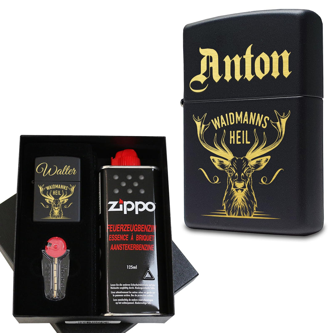 Waidmannsheil Hirsch Zippo Feuerzeug mit Gravur personalisiert | Geschenkidee Jäger Geschenke Männer