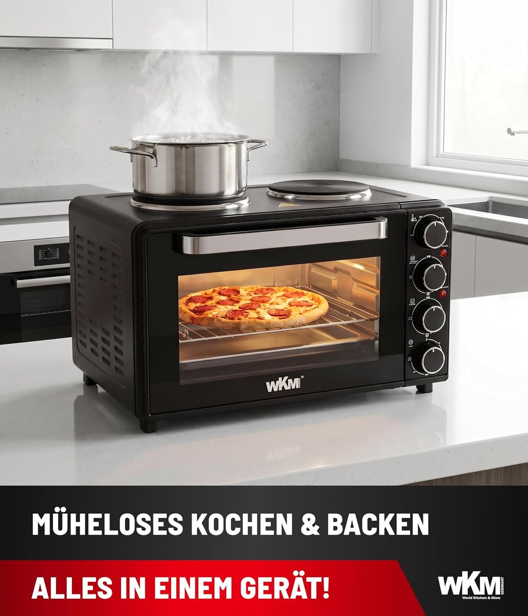 WKM Mini Backofen mit Kochplatten Schwarz 30L