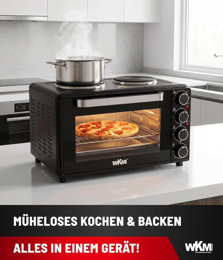 WKM Mini Backofen mit Kochplatten Schwarz 30L