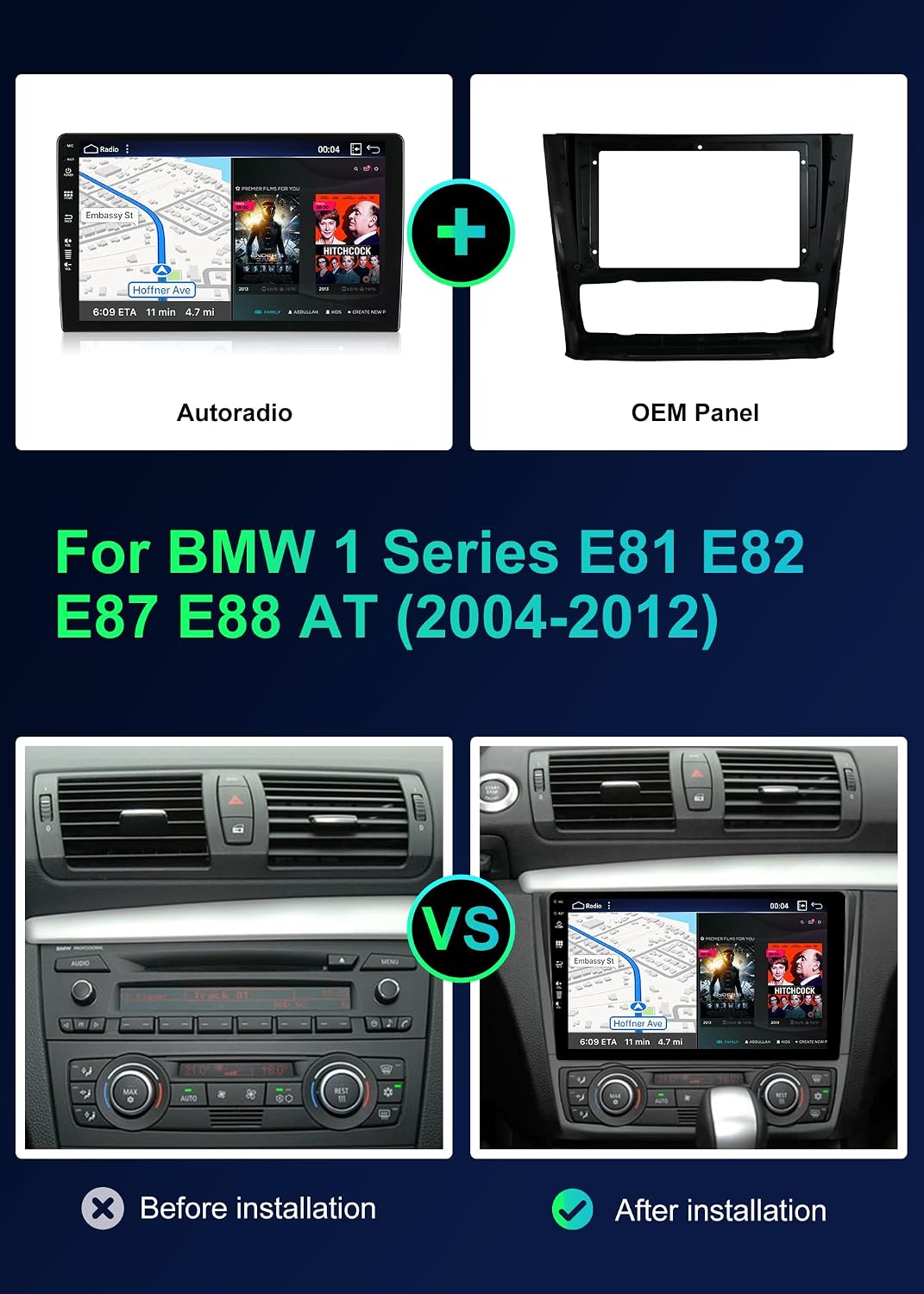 SXAUTO ¦ 8G+256G ¦ Android 12 IPS Autoradio für BMW 1 Series E81 E82 E87 E88 (2004-2012) - Eingebaut